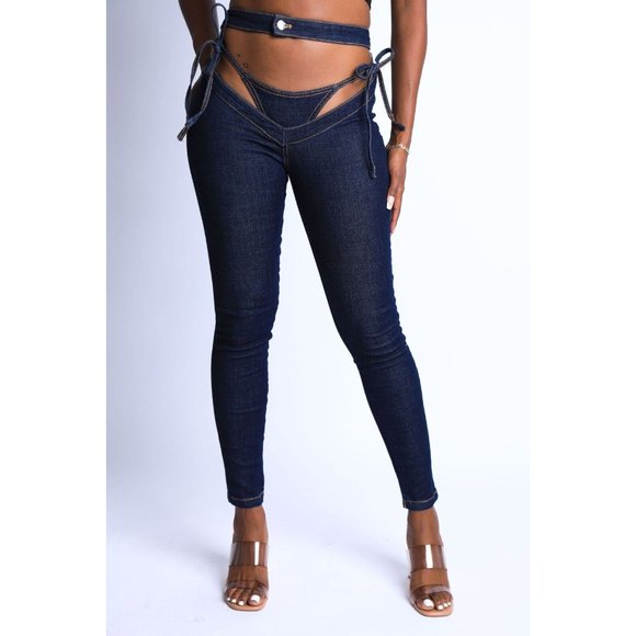 Women's Self Belted Bikini Cutout Sexy Denim Pants S M L Denim Indigo White - Picture 8 of 10